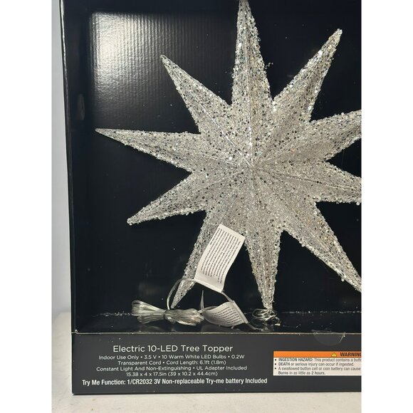 The Christmas Shoppe Electric 10-LED Glitter Star Tree Topper – Silver Light-Up - Picture 2 of 9